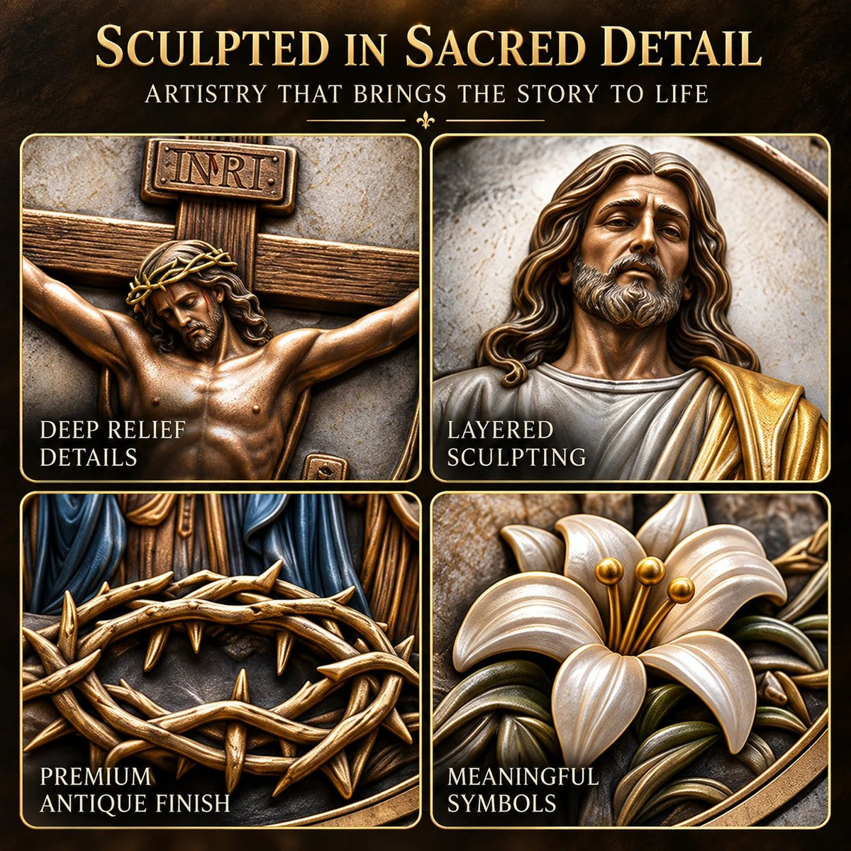 Christian commemorative coin with layered relief and crown of thorns details