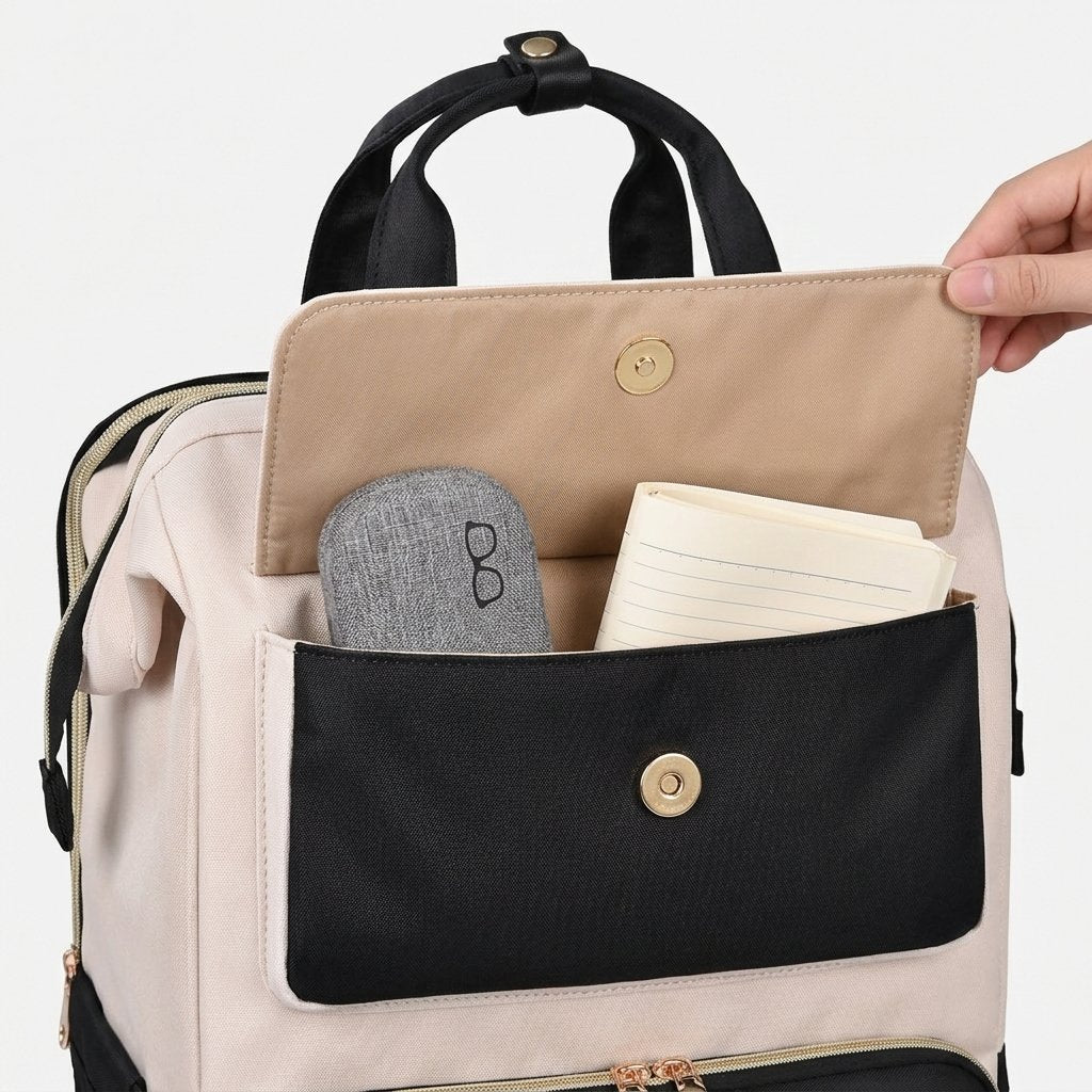 Front flap pocket of the lunch backpack holding glasses and a notebook