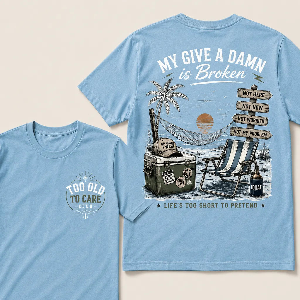 Too Old To Care Club white beach graphic t-shirt
