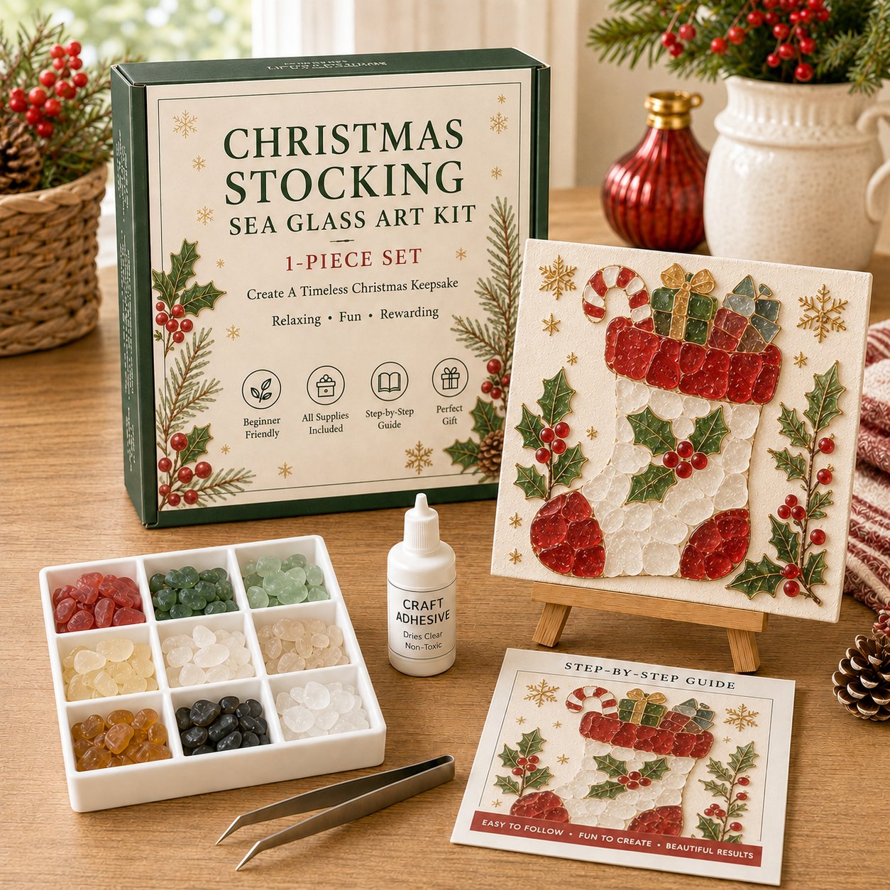 Christmas stocking sea glass art DIY kit with box and completed design