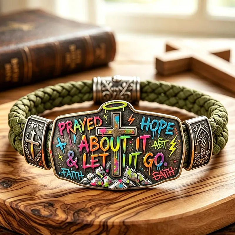 Faith Over Worry green braided Christian bracelet with prayer engraving