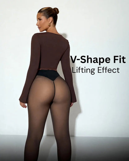 Thermal leggings showing V-shaped back stitching and contoured fit