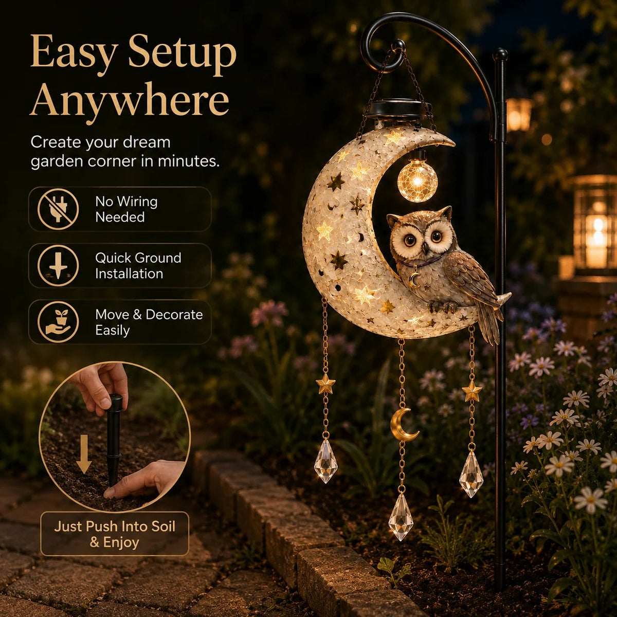 Easy stake installation solar owl moon garden decor