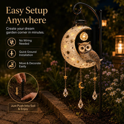 Easy stake installation solar owl moon garden decor