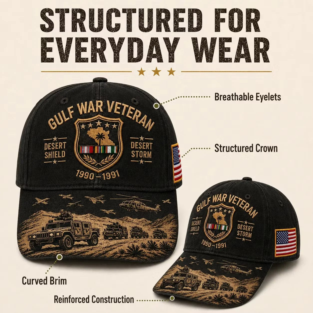 Structured for everyday wear – curved brim, breathable eyelets and structured crown