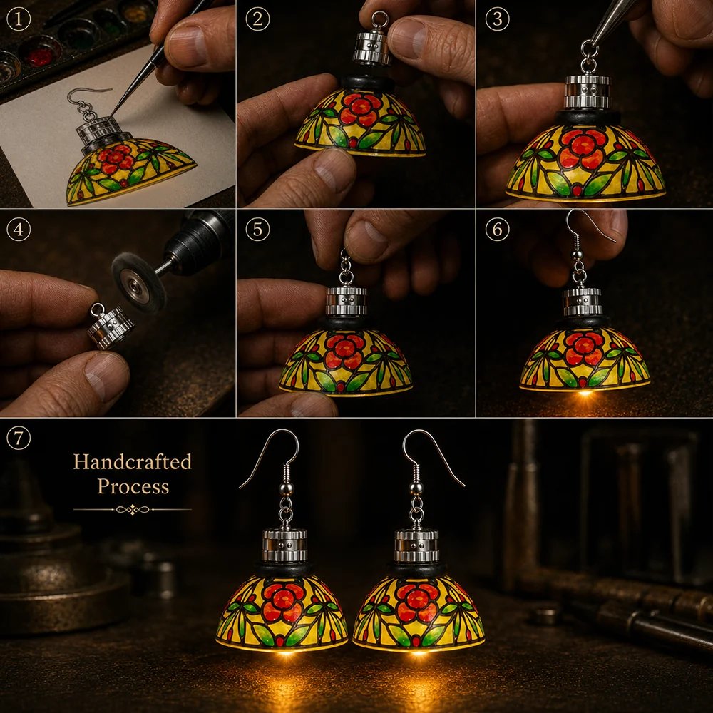 Handcrafted process of vintage light-up chandelier earrings step by step