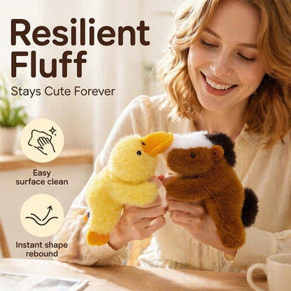 Hand squeezing plush duck and horse magnets showing resilient fluff