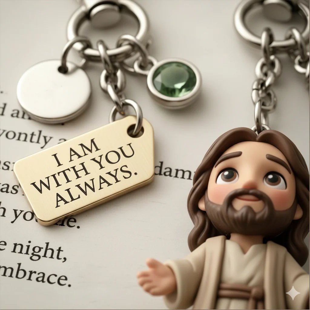 Close-up of the I Am With You Always engraved metal tag on Jesus keychain