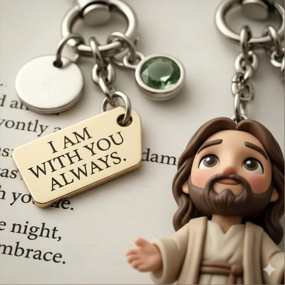 Close-up of the I Am With You Always engraved metal tag on Jesus keychain
