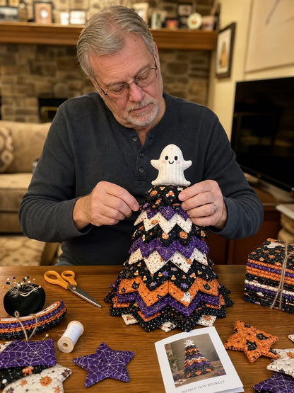 Real-person hands assembling Halloween Patchwork quilt tree kit