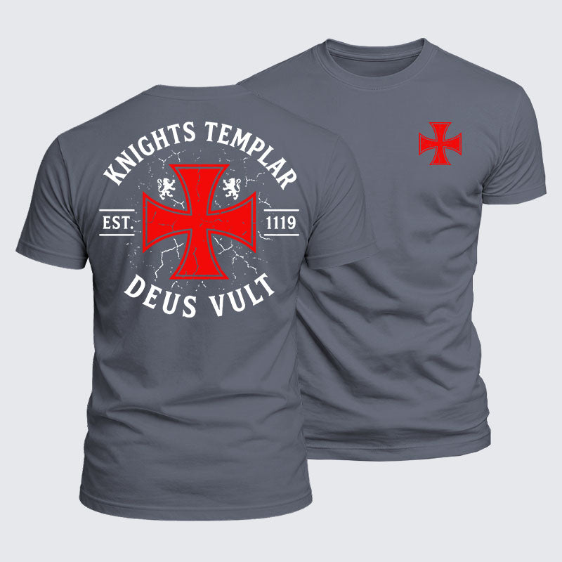 Knights Templar Deus Vult gray cotton tee front and back