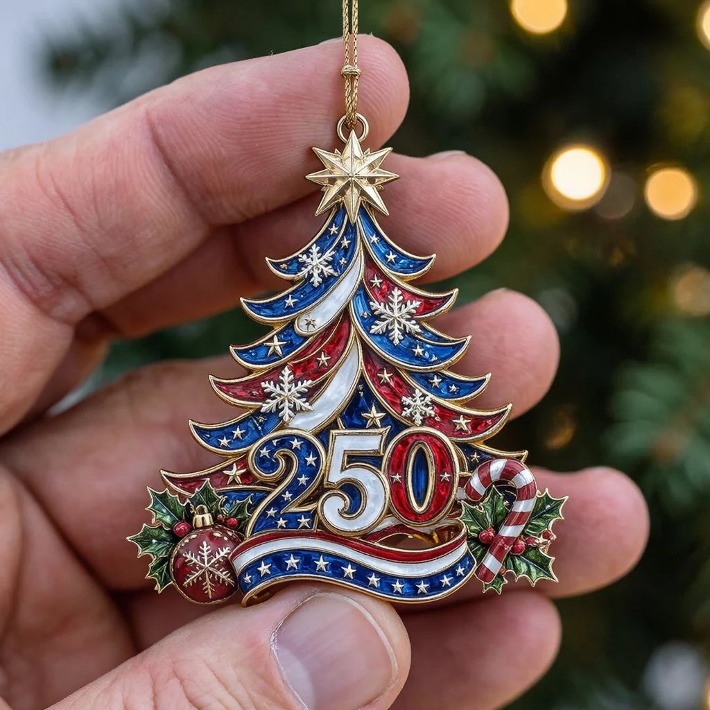 USA 250th anniversary Christmas tree ornament held in hand, showing stars, snowflakes and red, white and blue details