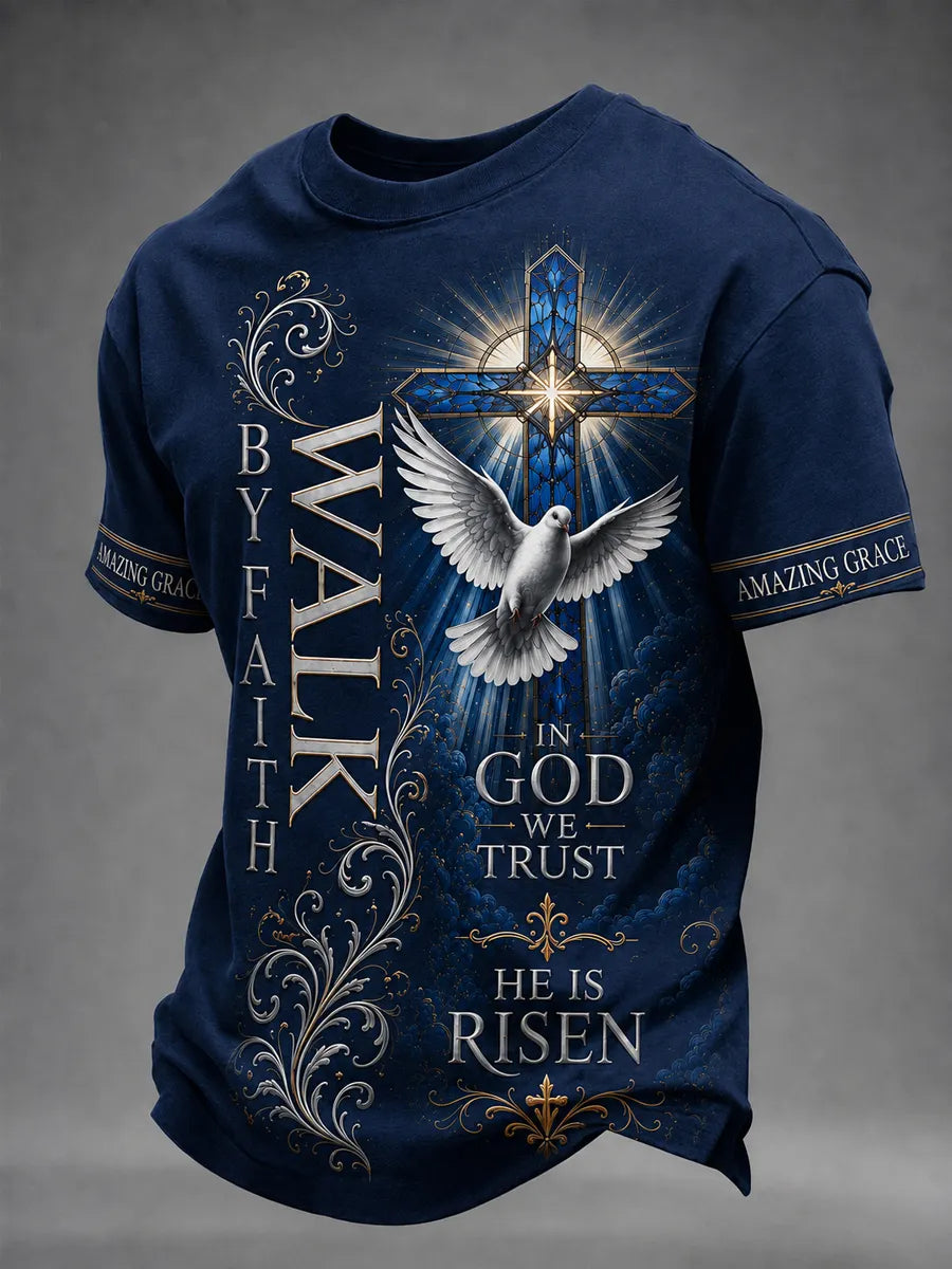 Navy men's Walk by Faith cross t-shirt with dove and He Is Risen