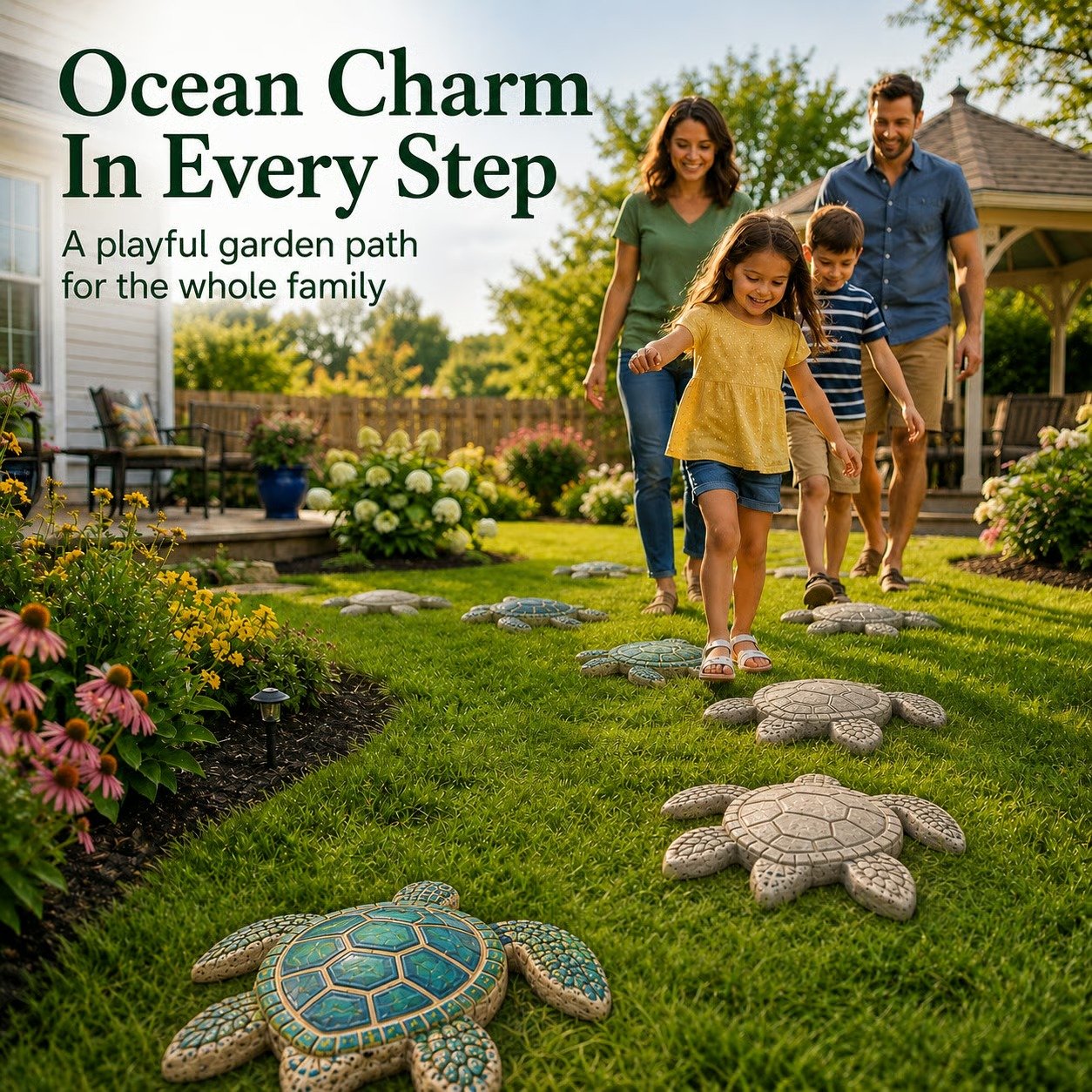Family walking on sea turtle stepping stone garden pathway
