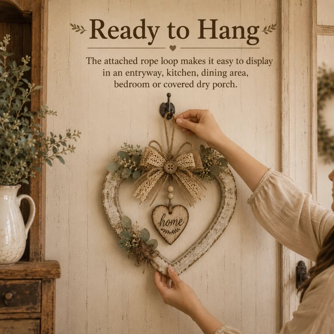 Ready to hang farmhouse heart wreath with rope loop detail