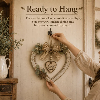 Ready to hang farmhouse heart wreath with rope loop detail