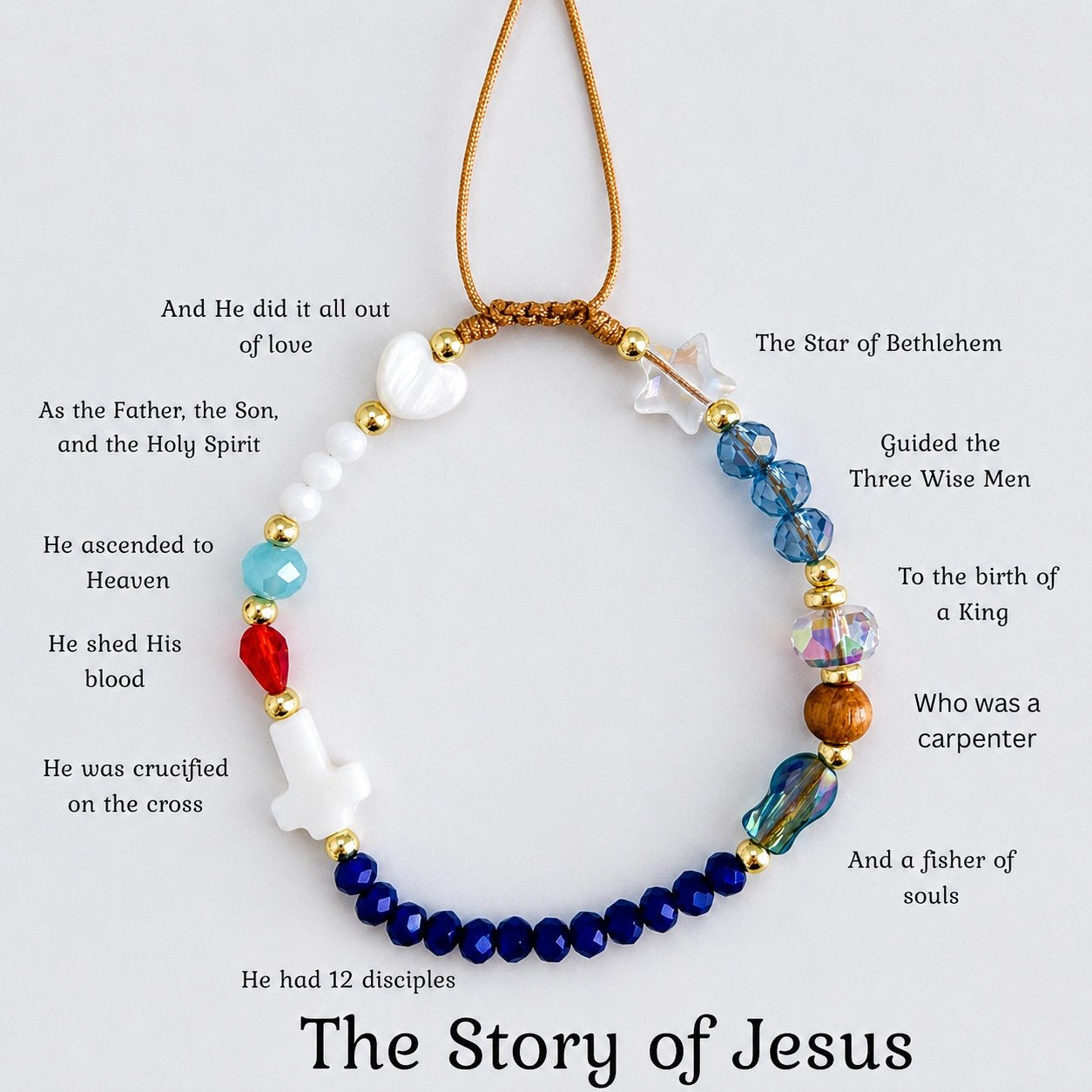 Story of Jesus bracelet diagram showing meaning of each bead from Star of Bethlehem to the Cross