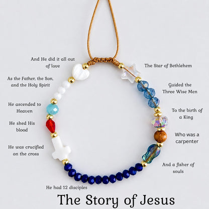 Story of Jesus bracelet diagram showing meaning of each bead from Star of Bethlehem to the Cross
