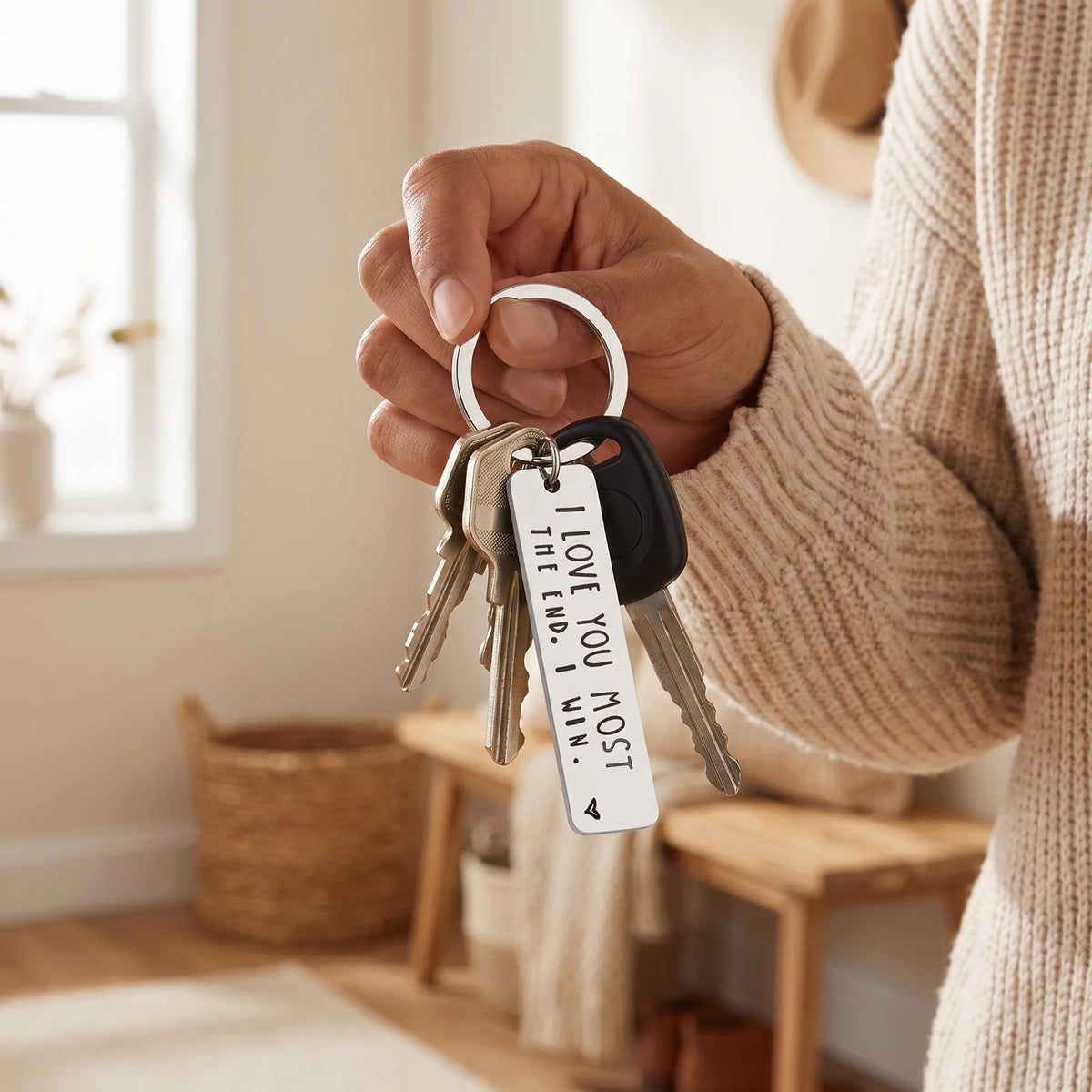 Silver I Love You MOST engraved keychain carried with everyday keys