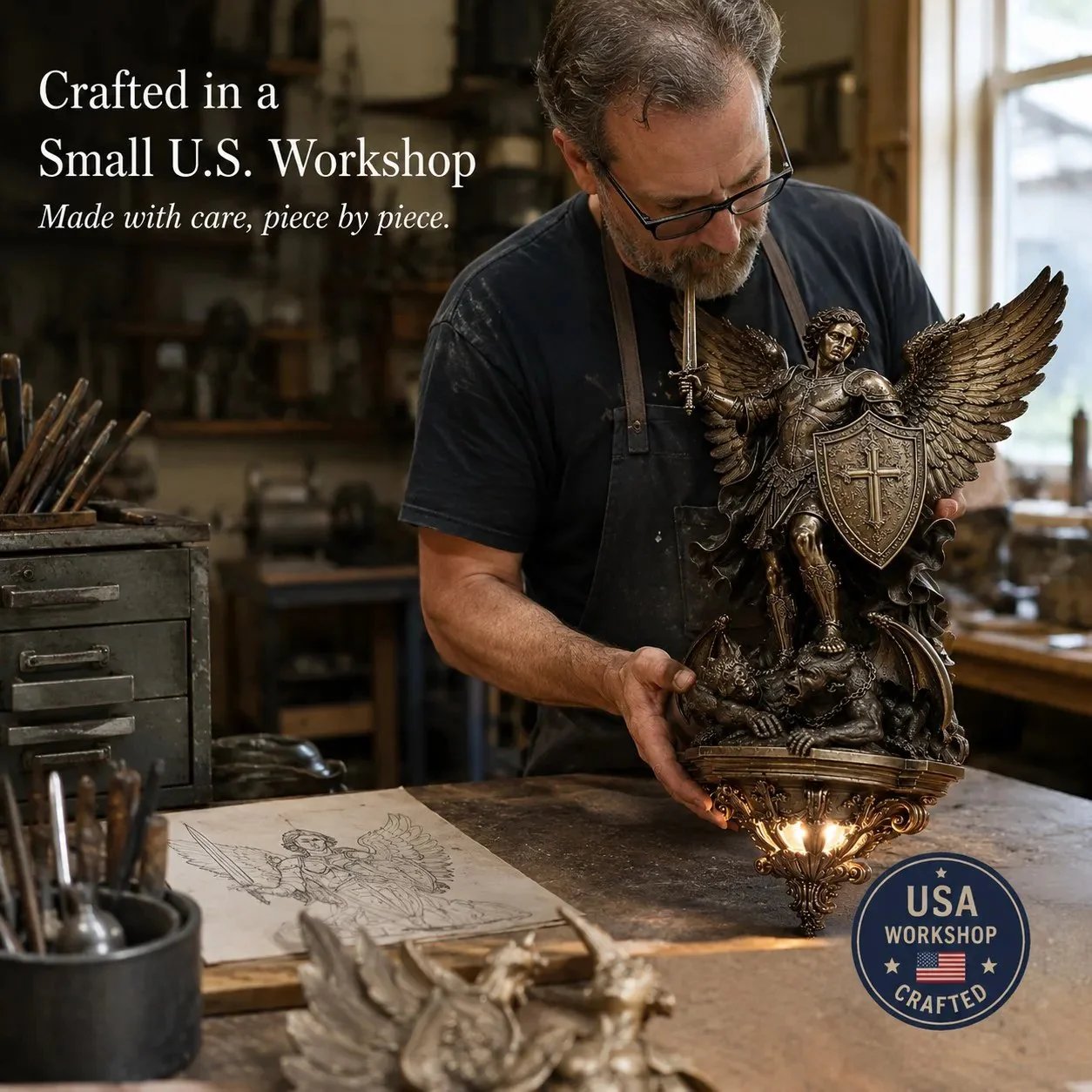 St. Michael wall light crafted by hand in a small U.S. workshop with USA quality badge