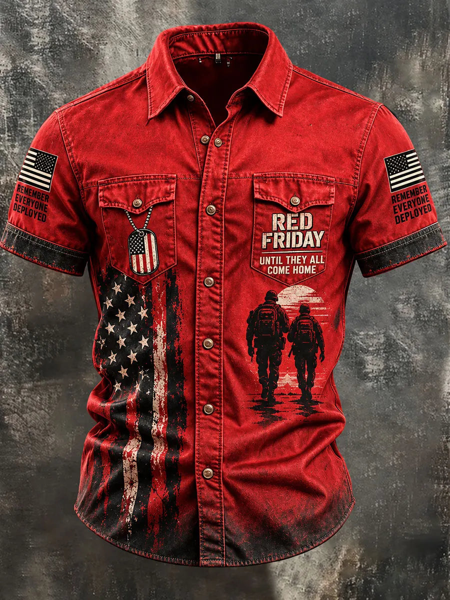 Men's RED Friday soldier silhouette dog tag red button-down short sleeve shirt front view