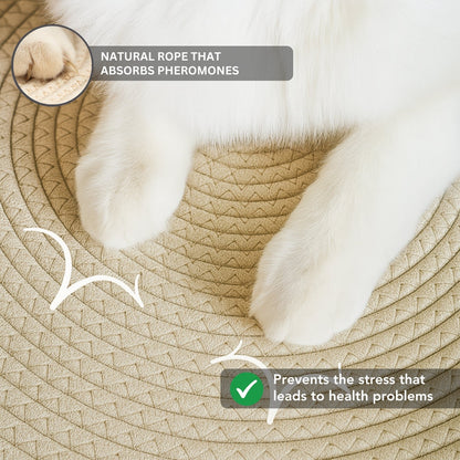 Cat paws on natural rope cat basket that absorbs pheromones