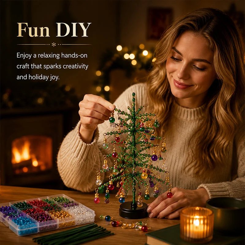 Woman relaxing by the fireplace assembling the DIY beaded Christmas tree