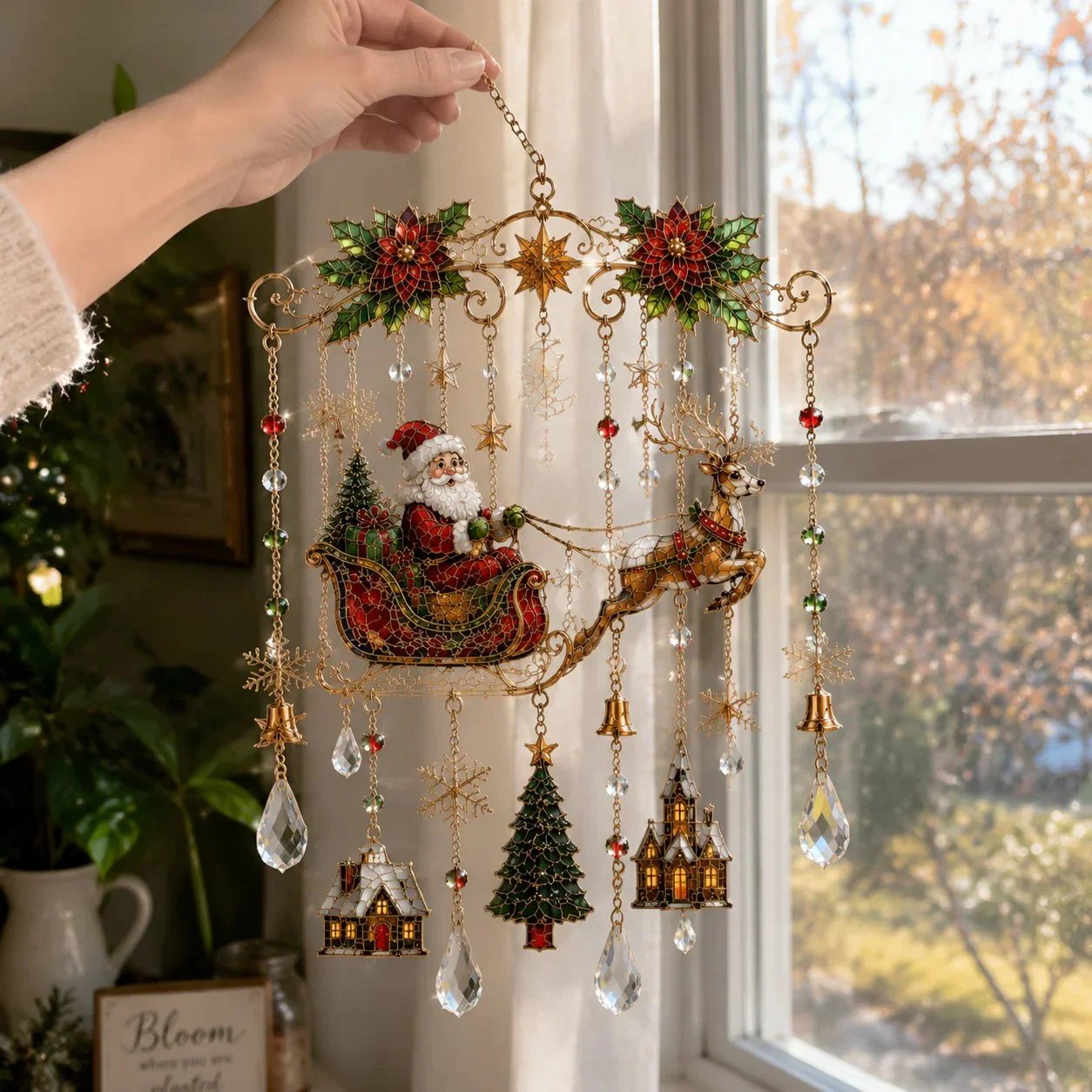 Hanging Santa Christmas stained glass suncatcher on window