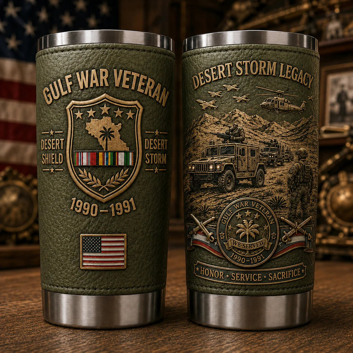 Military green Gulf War Veteran tribute tumbler, front and back