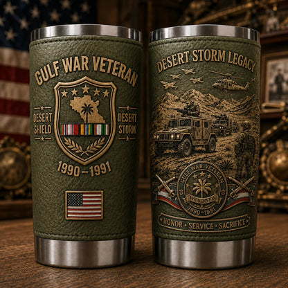 Military green Gulf War Veteran tribute tumbler, front and back