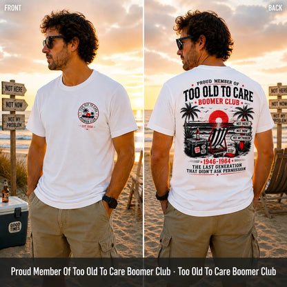 Man wearing Custom EST Year Boomer Club t-shirt at the beach, front and back view of retro beach print