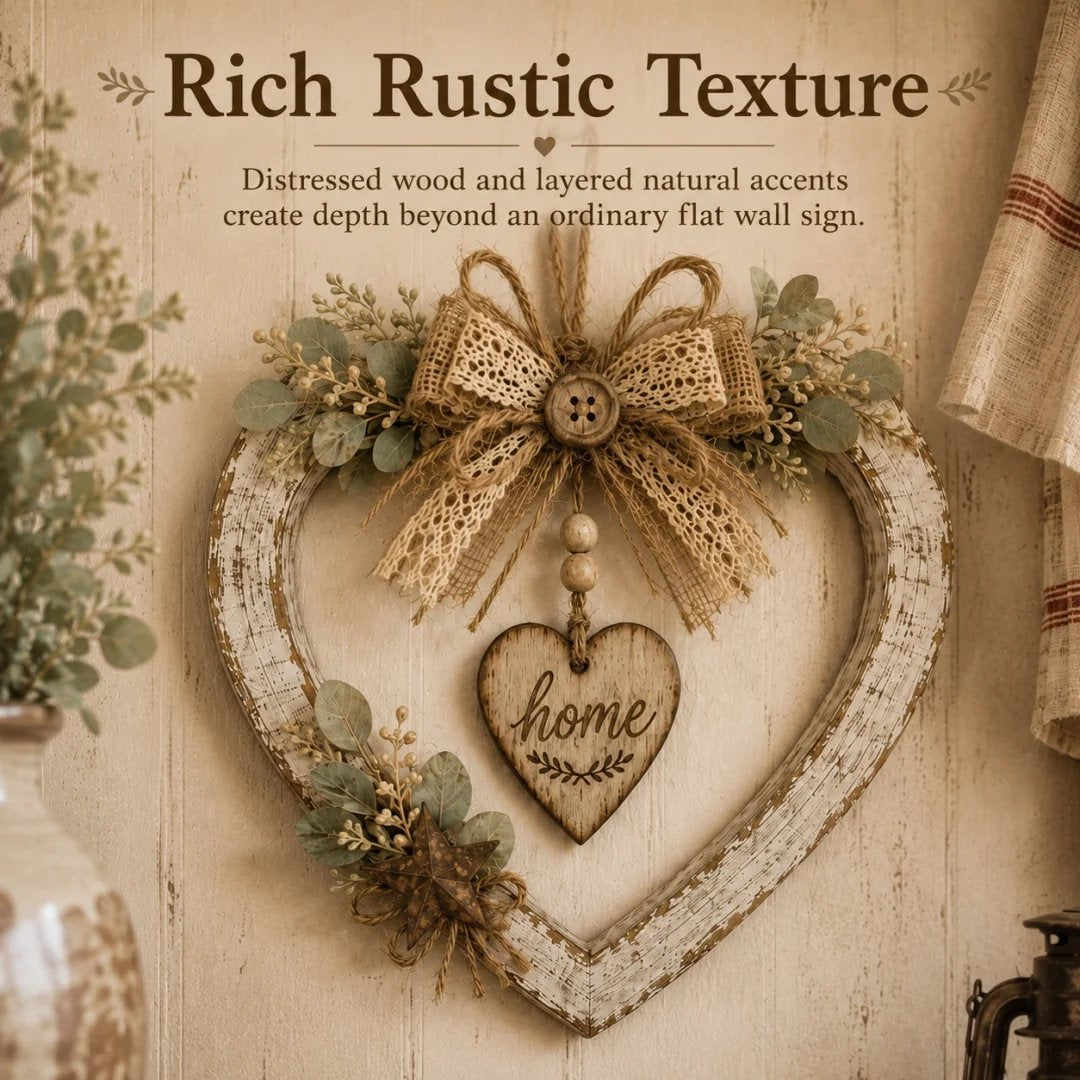 Rich rustic texture of layered greenery beads and burlap lace bow on heart wreath