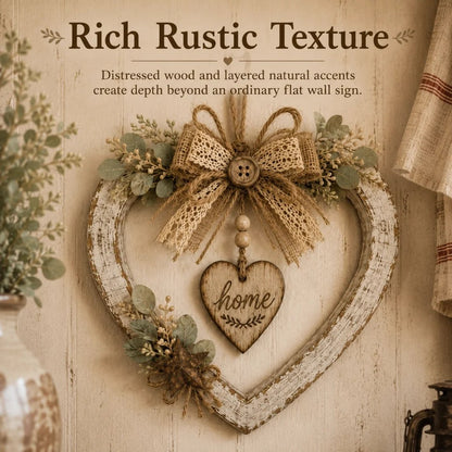 Rich rustic texture of layered greenery beads and burlap lace bow on heart wreath