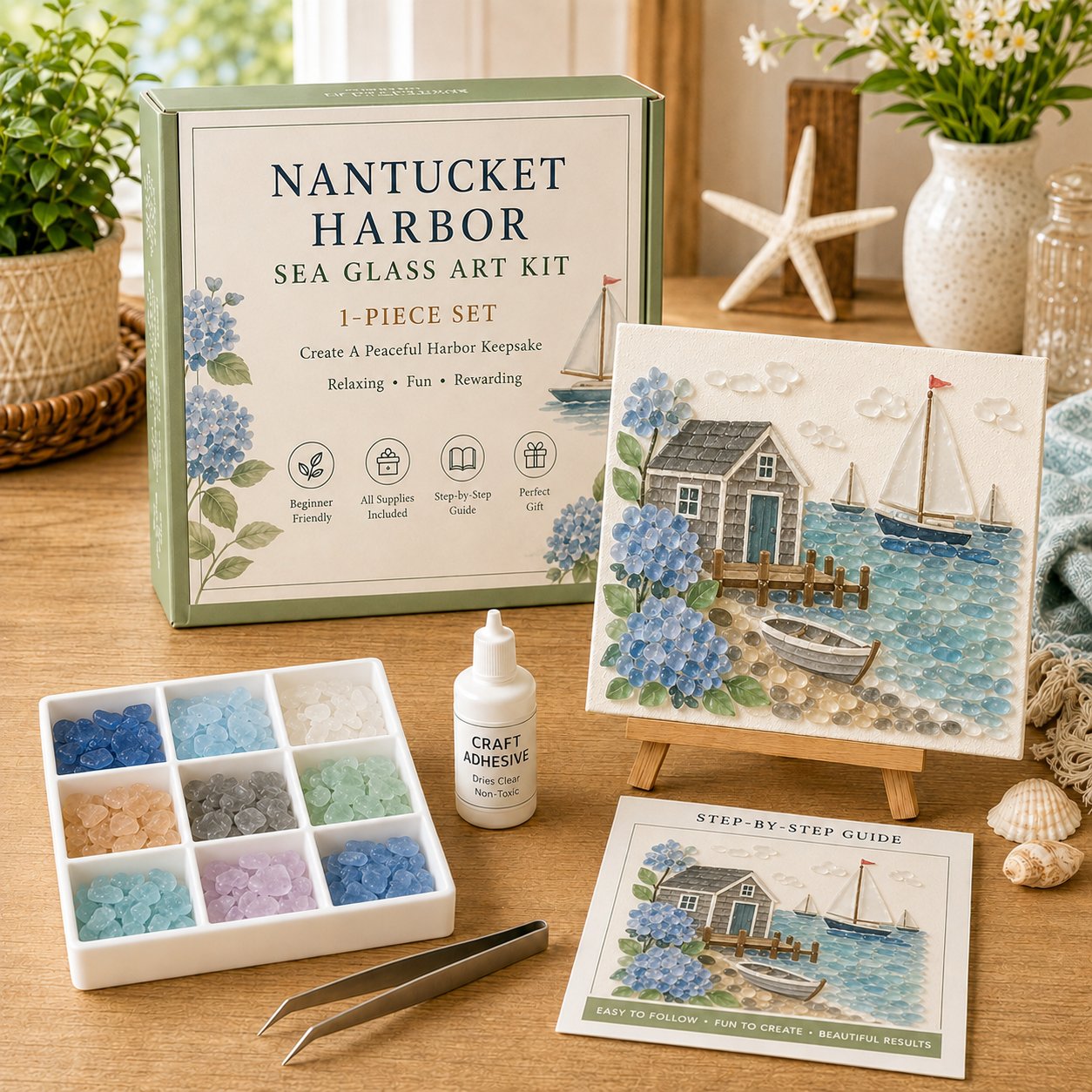 Nantucket Harbor sailboat sea glass art DIY kit