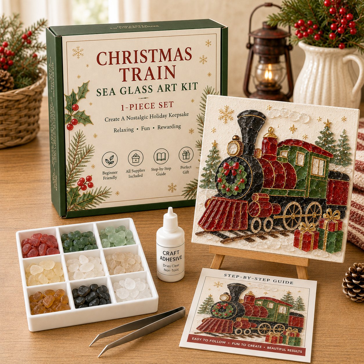 Christmas train sea glass art DIY kit with materials and finished art