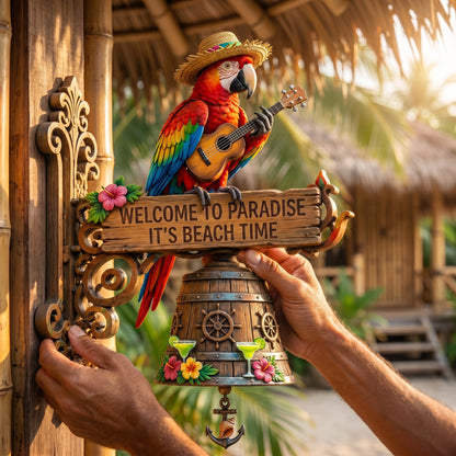 Parrot Head Paradise Wall Bell - Tropical Island Hanging Décor Chime