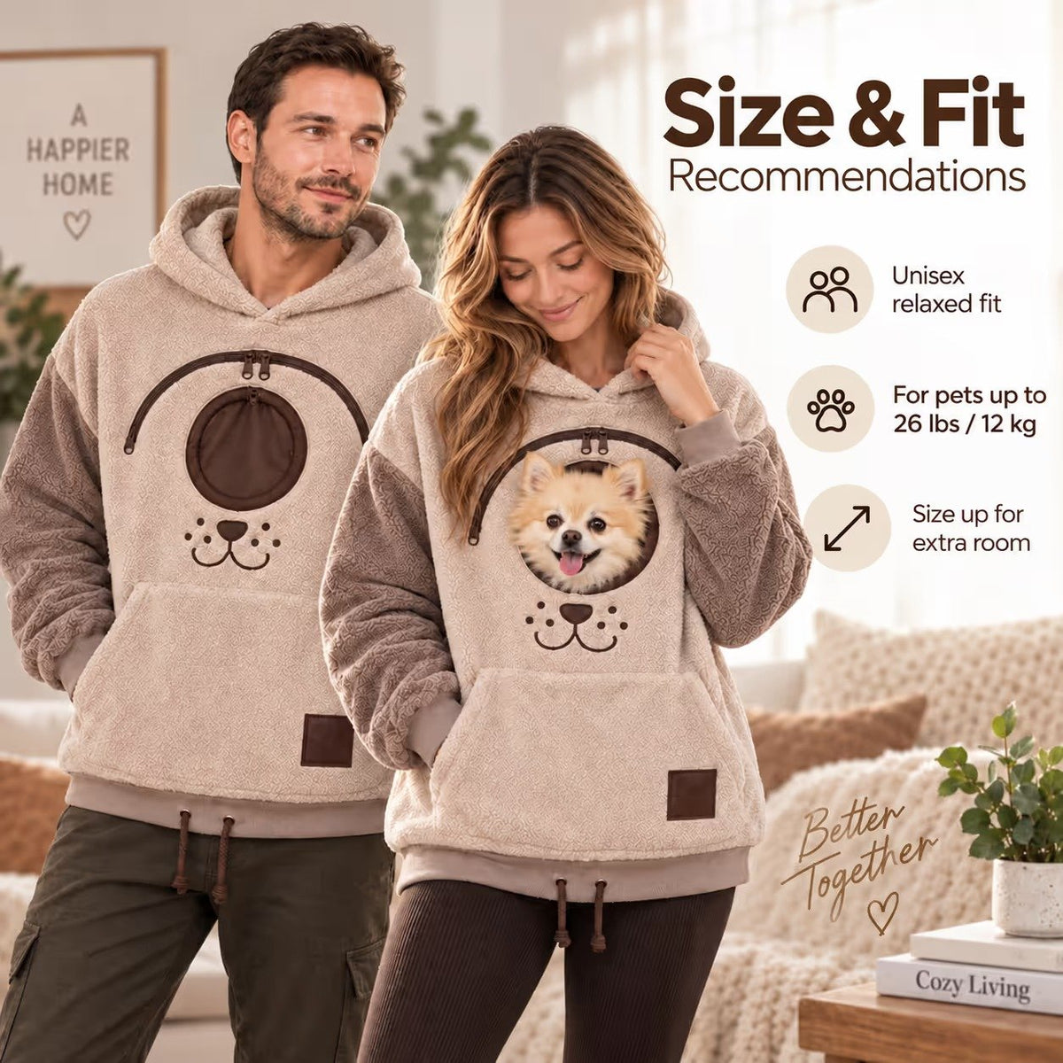 Pet carrier hoodie size and fit recommendations shown on adult models