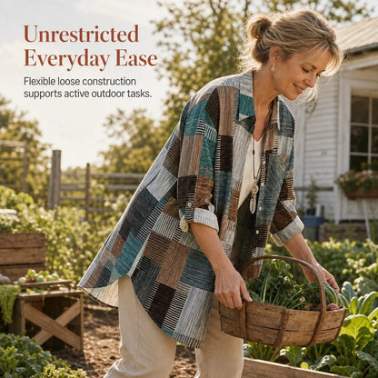 Green plaid long sleeve shirt worn for everyday gardening