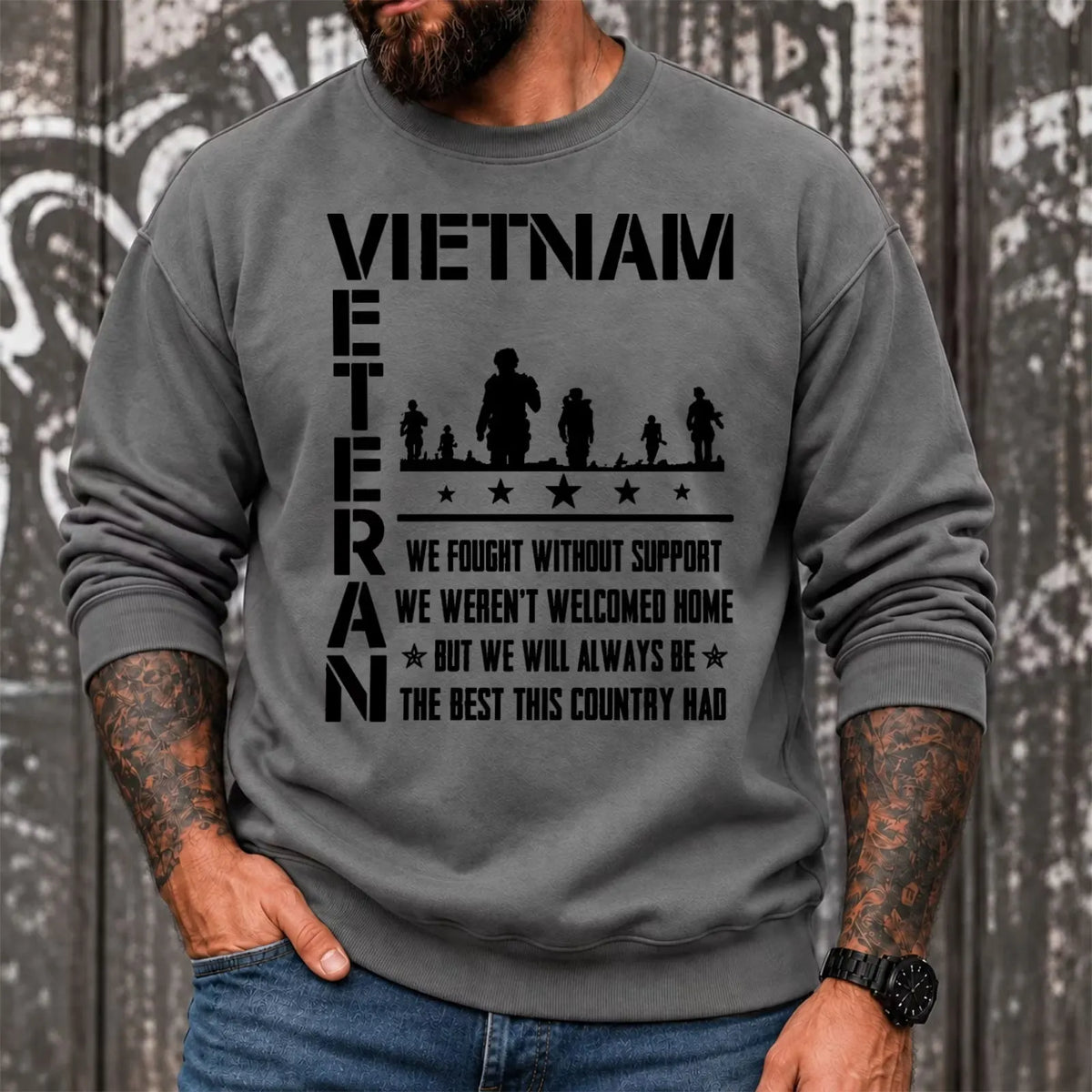 Vietnam Veteran crewneck sweatshirt in grey with soldier graphic