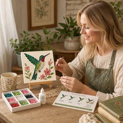 Woman crafting Hummingbird sea glass mosaic art kit as a gift