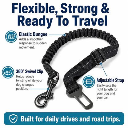 Product callout of elastic bungee, 360 degree swivel clip and adjustable strap