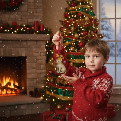 Child hanging a medieval cat acrylic ornament on a Christmas tree by the fireplace