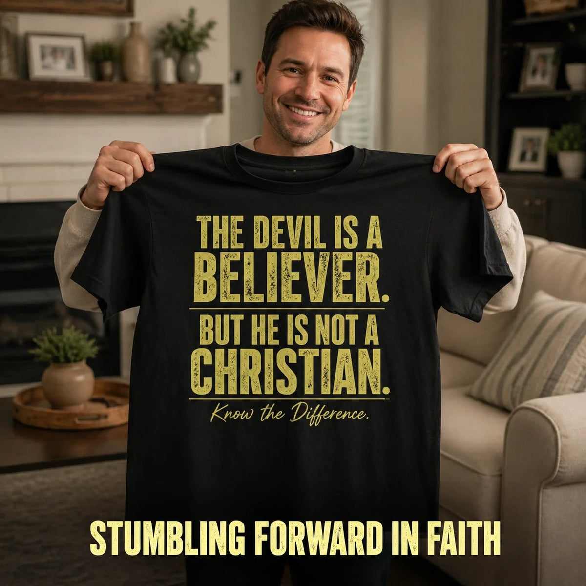 Man holding the Devil Believer Christian slogan T-shirt