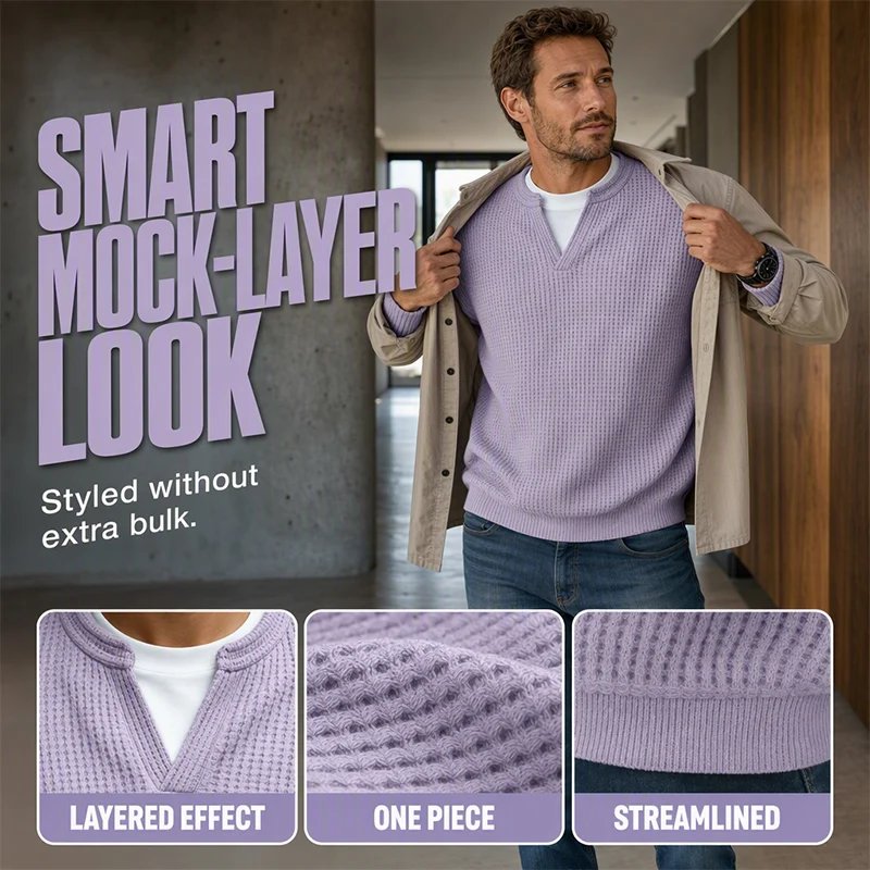 Men's waffle tee faux layered neckline and ribbed detail
