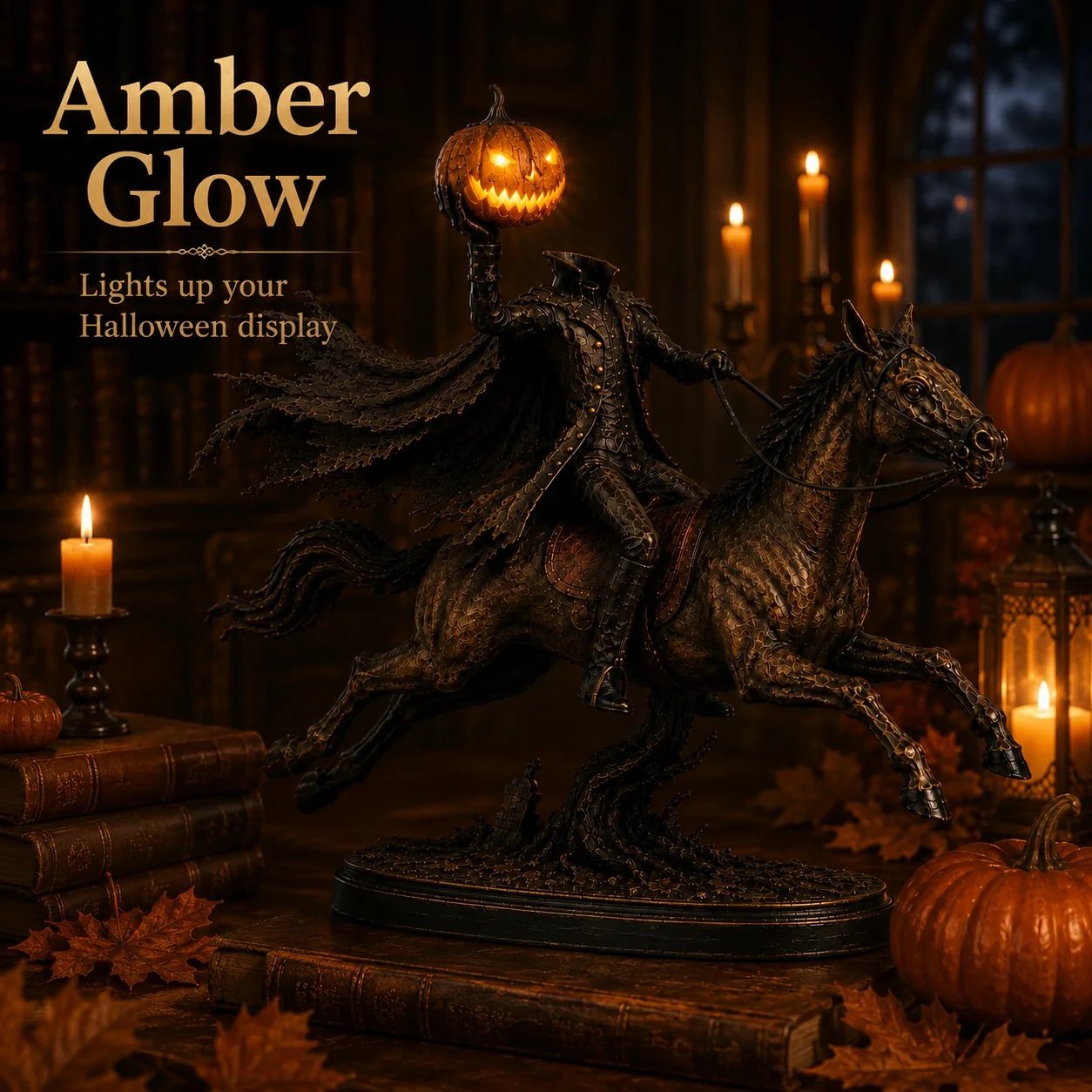 Warm amber LED glow through carved jack-o-lantern head at night