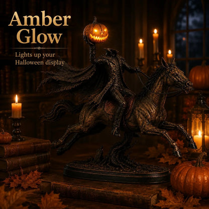 Warm amber LED glow through carved jack-o-lantern head at night