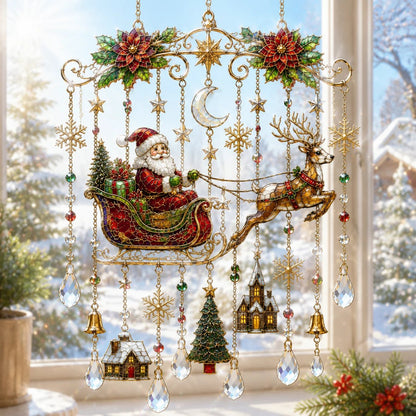 Santa sleigh stained glass Christmas window hanging suncatcher