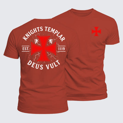 Knights Templar Deus Vult brick red cotton tee front and back