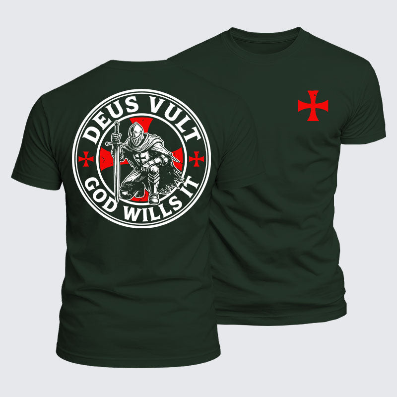 Deus Vult Knights Templar cross tee in forest green — crusader warrior shirt