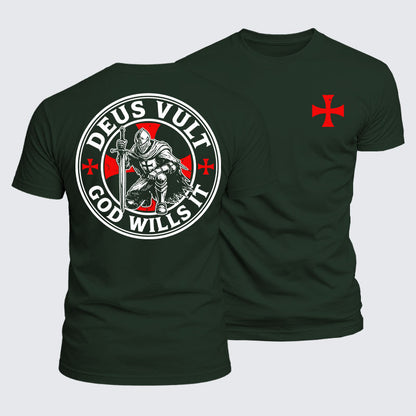 Deus Vult Knights Templar cross tee in forest green — crusader warrior shirt
